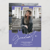 Cool paars blauw afstuderen script foto afstuderen kaart (Voorkant / Achterkant)