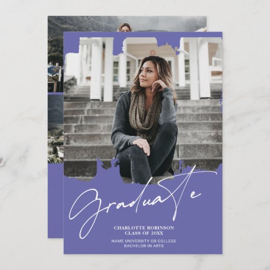 Cool paars blauw afstuderen script foto afstuderen kaart (Voorkant / Achterkant)