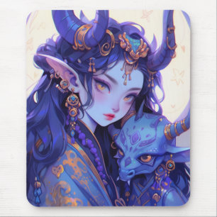 Cool Paarse en Gold Horned Elf Anime Meisje Muismat