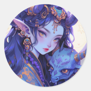 Cool Paarse en Gold Horned Elf Anime Meisje Ronde Sticker