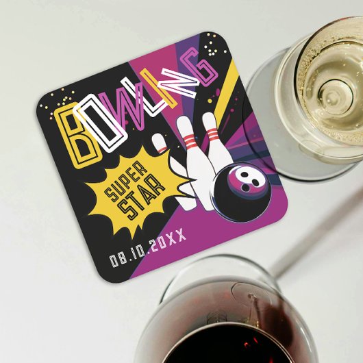 Cool Paarse Roze Gele Strike Bowling Star Pins Kartonnen Onderzetters