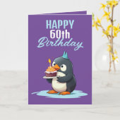 Cool Paarse & Witte Pinguïn Man 60e Verjaardag Kaart (Gele Bloem)