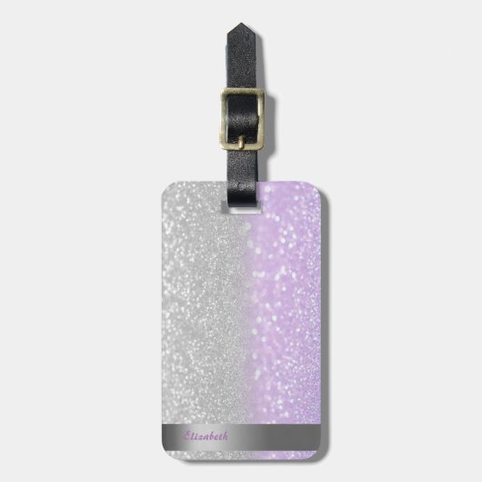 Cool Paarse Zilveren Glitter Bokeh Ombre Streep Bagagelabel (Voorkant verticaal)