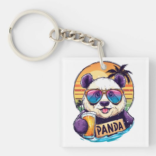 Cool Panda: Retro Zomer & Bier Vibes Sleutelhanger (voorkant)
