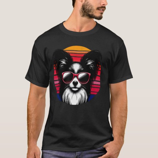 Cool Papillon Dog Retro Sunset Zonnebril T-shirt (Voorkant)