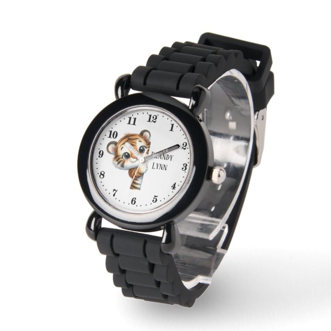 Cool peeking tijger unisex kinder naam toevoegen horloge (Hoek)