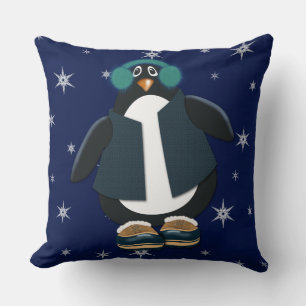 Cool Penguin   Night Sky Snowflakes Kussen