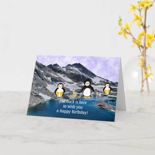 Cool Penguins Birthday Kaart (Gele Bloem)