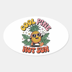 Cool Pine Hete Zon Retro Ananas Zomer Vibe Ovale Sticker