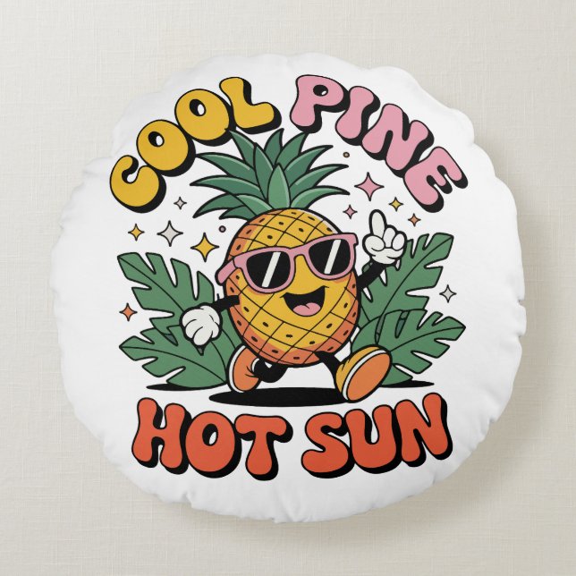 Cool Pine Hot Sun Retro Ananas Zomer Vibe  Rond Kussen (Voorkant)