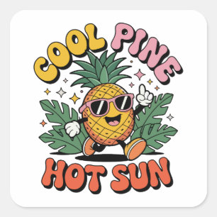 Cool Pine Hot Sun Retro Ananas Zomer Vibe Vierkante Sticker