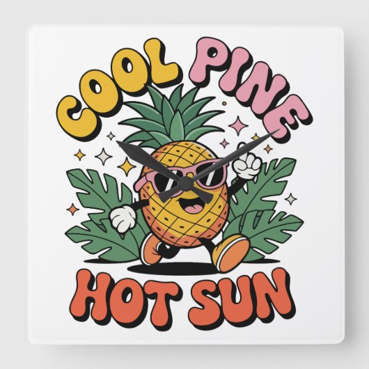 Cool Pine Hot Sun Retro Ananas Zomer Vibes Vierkante Klok (Voorkant)