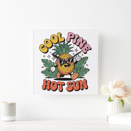 Cool Pine Hot Sun Retro Pineapple Summer Vibes Vierkante Klok (Huis)