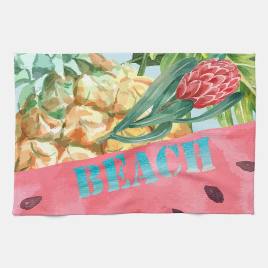 Cool Pineappel Watermelon Hibiscus Palm Leaves Theedoek (Horizontaal)