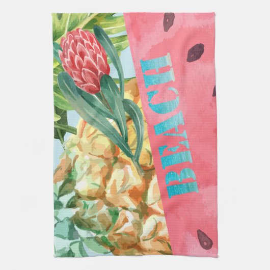 Cool Pineappel Watermelon Hibiscus Palm Leaves Theedoek (Verticaal)