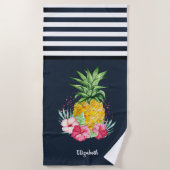 Cool Pineapple Hibiscus Navy Blue Striped Strandlaken (Voorkant)