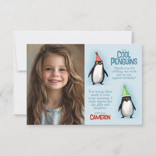 Cool Pinguins vieren verjaardagsfoto van kind Bedankkaart (Voorkant)