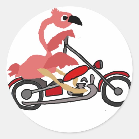 Cool Pink Flamingo Riding Motorcycle Cartoon Ronde Sticker (Voorkant)