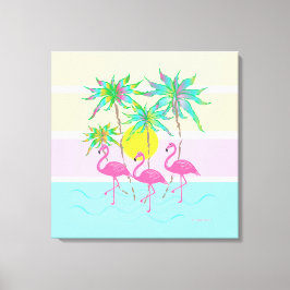 Cool Pink Flamingos Sun en Palm Trees Wall Art Canvas Afdruk