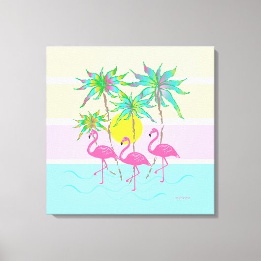 Cool Pink Flamingos Sun en Palm Trees Wall Art Canvas Afdruk (Voorkant)