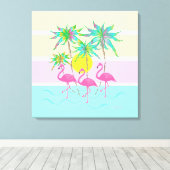 Cool Pink Flamingos Sun en Palm Trees Wall Art Canvas Afdruk (Insitu (Houten vloer))