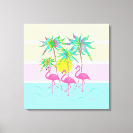 Cool Pink Flamingos Sun en Palm Trees Wall Art Canvas Afdruk