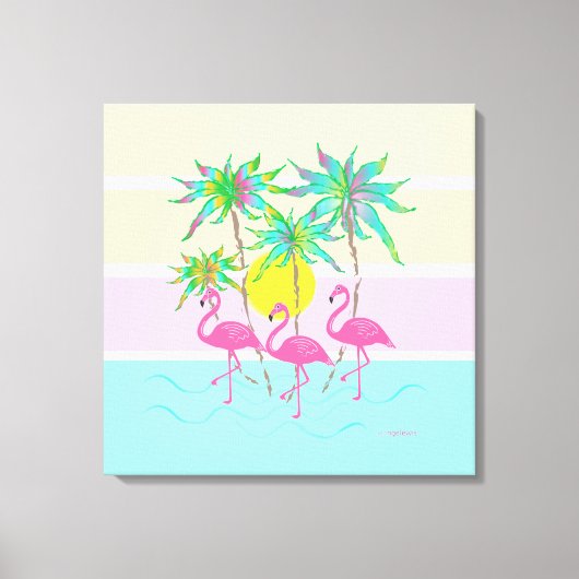 Cool Pink Flamingos Sun en Palm Trees Wall Art Canvas Afdruk (Voorkant)