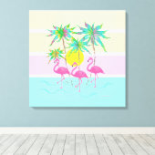 Cool Pink Flamingos Sun en Palm Trees Wall Art Canvas Afdruk (Insitu (Houten vloer))