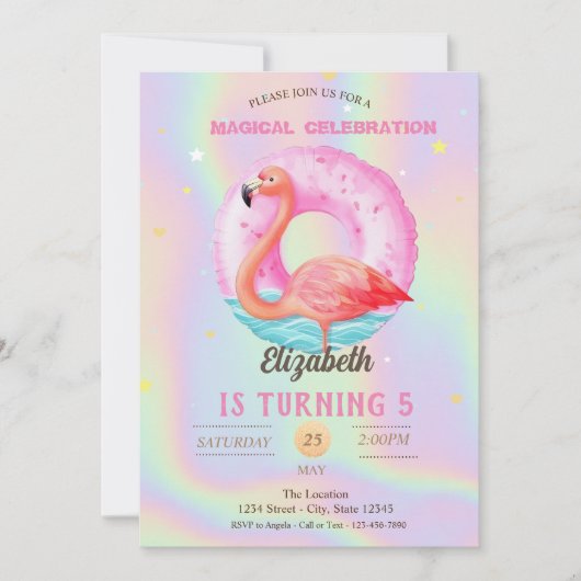 Cool Pink Flamingo's Zwembad Float Holografisch Kaart (Voorkant)