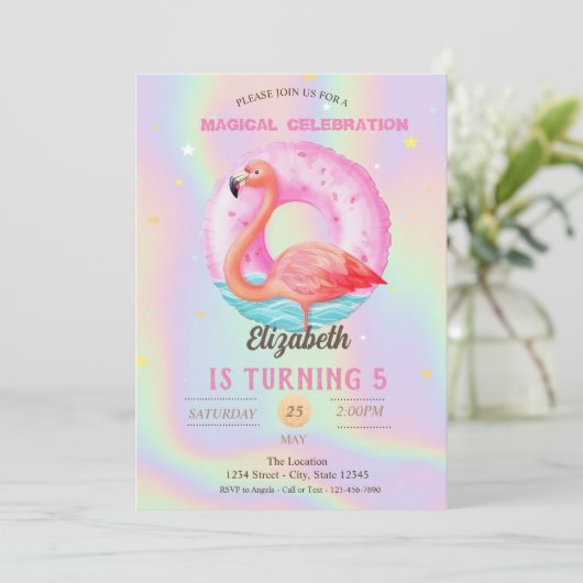Cool Pink Flamingo's Zwembad Float Holografisch Kaart (Staand voorkant)