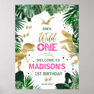 Cool Pink Girl Dinosaurs Birthday Welkom Poster