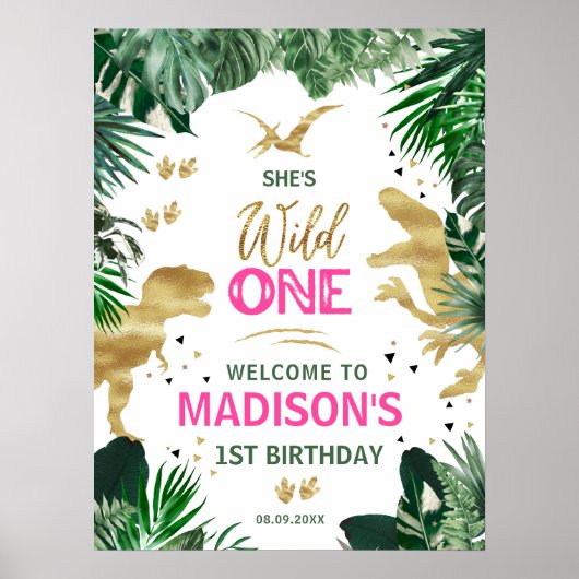 Cool Pink Girl Dinosaurs Birthday Welkom Poster (Voorkant)