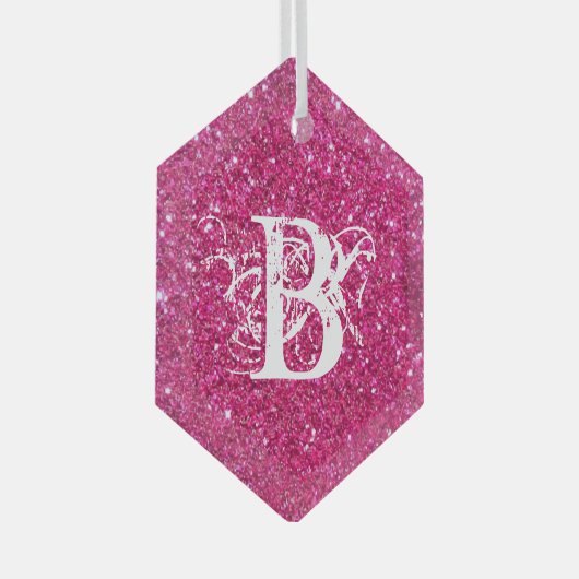 Cool Pink Glitter White Funky Monogram Aangepast Glas Ornament (Voorkant Rechts)