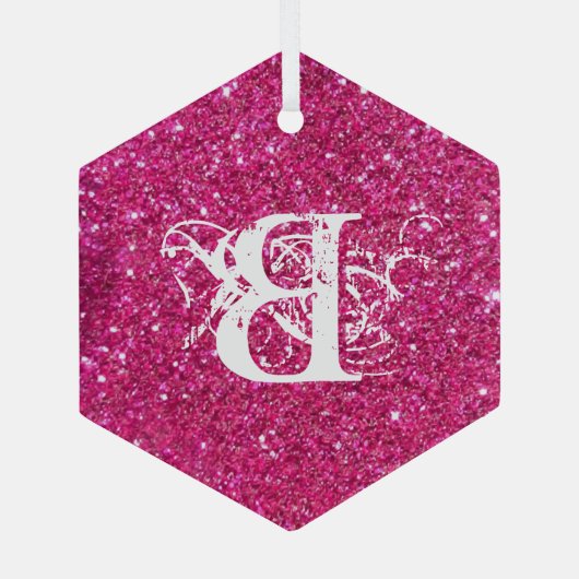 Cool Pink Glitter White Funky Monogram Aangepast Glas Ornament (Achterkant)