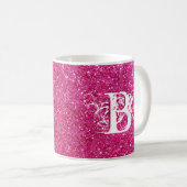 Cool Pink Glitter White Funky Monogram Aangepast Koffiemok (Voorkant rechts)