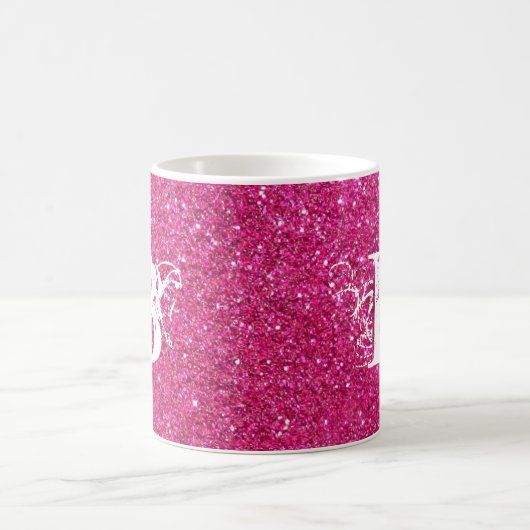 Cool Pink Glitter White Funky Monogram Aangepast Koffiemok (Center)