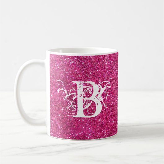 Cool Pink Glitter White Funky Monogram Aangepast Koffiemok (Links)