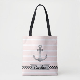 Cool Pink Stripes Waterverf Anker Gepersonaliseerd Tote Bag