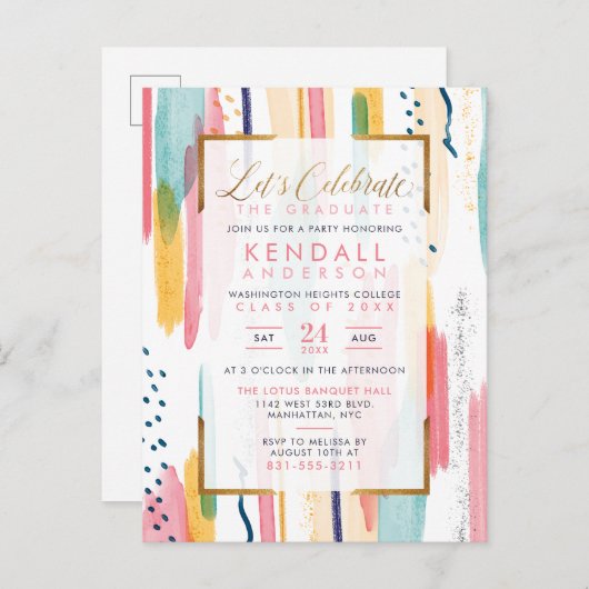 Cool Pink Waterverf Memphis Artistiek Afstuderen Uitnodiging Briefkaart (Voorkant / Achterkant)