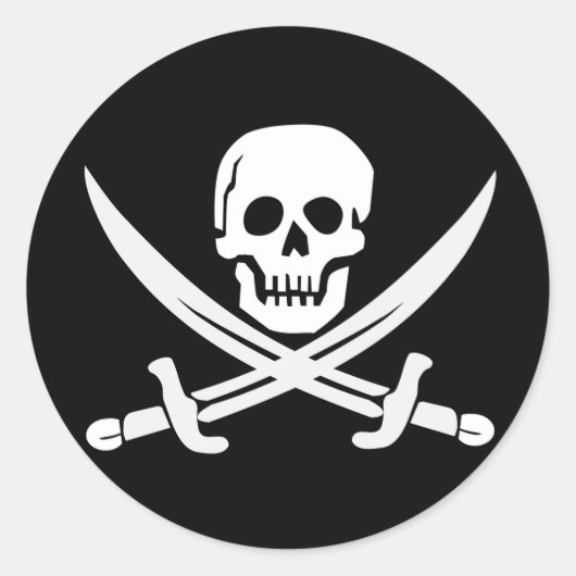 Cool Pirate Skull Crossed Swords Black Halloween Ronde Sticker (Voorkant)
