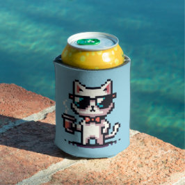 Cool Pixel Cat met Koffie - 8-bits Retro Feline Blikjeskoeler