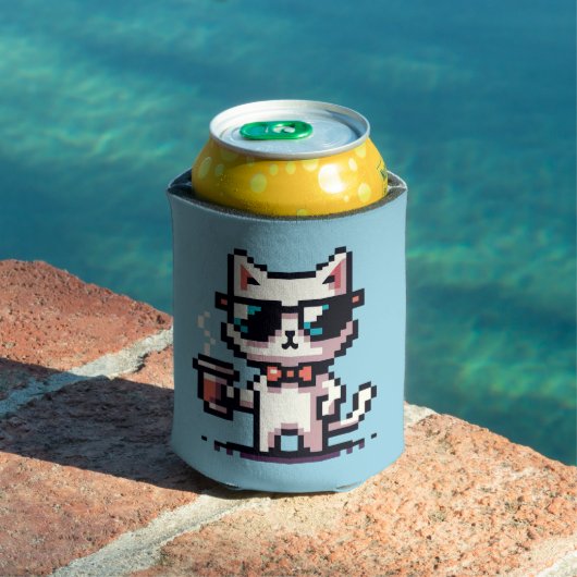 Cool Pixel Cat met Koffie - 8-bits Retro Feline Blikjeskoeler (Insitu Zwembad)