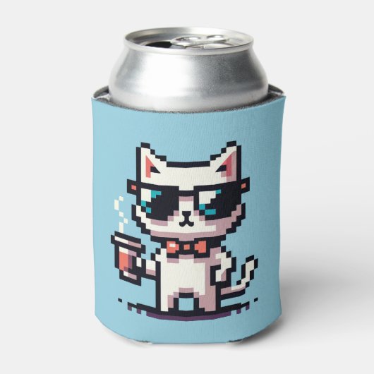 Cool Pixel Cat met Koffie - 8-bits Retro Feline Blikjeskoeler (Blikje Voorkant)