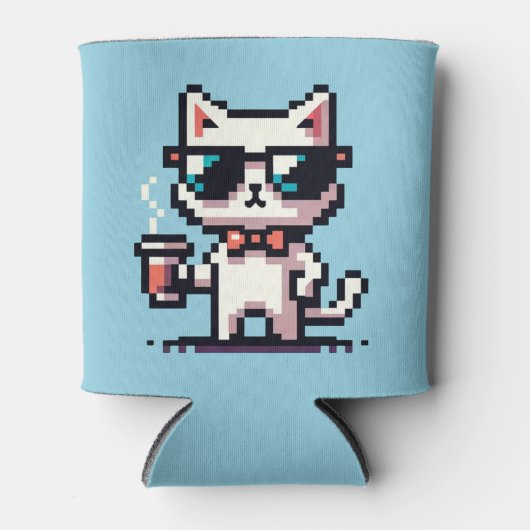 Cool Pixel Cat met Koffie - 8-bits Retro Feline Blikjeskoeler (Voorkant)