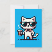 Cool Pixel Cat met Koffie - 8-bits Retro Feline Kaart (Voorkant)