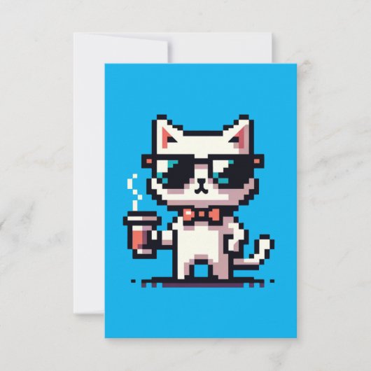 Cool Pixel Cat met Koffie - 8-bits Retro Feline Kaart (Voorkant)