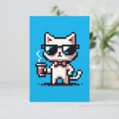 Cool Pixel Cat met Koffie - 8-bits Retro Feline Kaart (Staand voorkant)