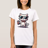 Cool Pixel Cat met Koffie - 8-bits Retro Feline T-shirt (Voorkant)