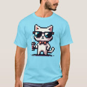 Cool Pixel Cat met Koffie - 8-bits Retro Feline T-shirt (Voorkant)