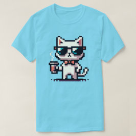 Cool Pixel Cat met Koffie - 8-bits Retro Feline T-shirt